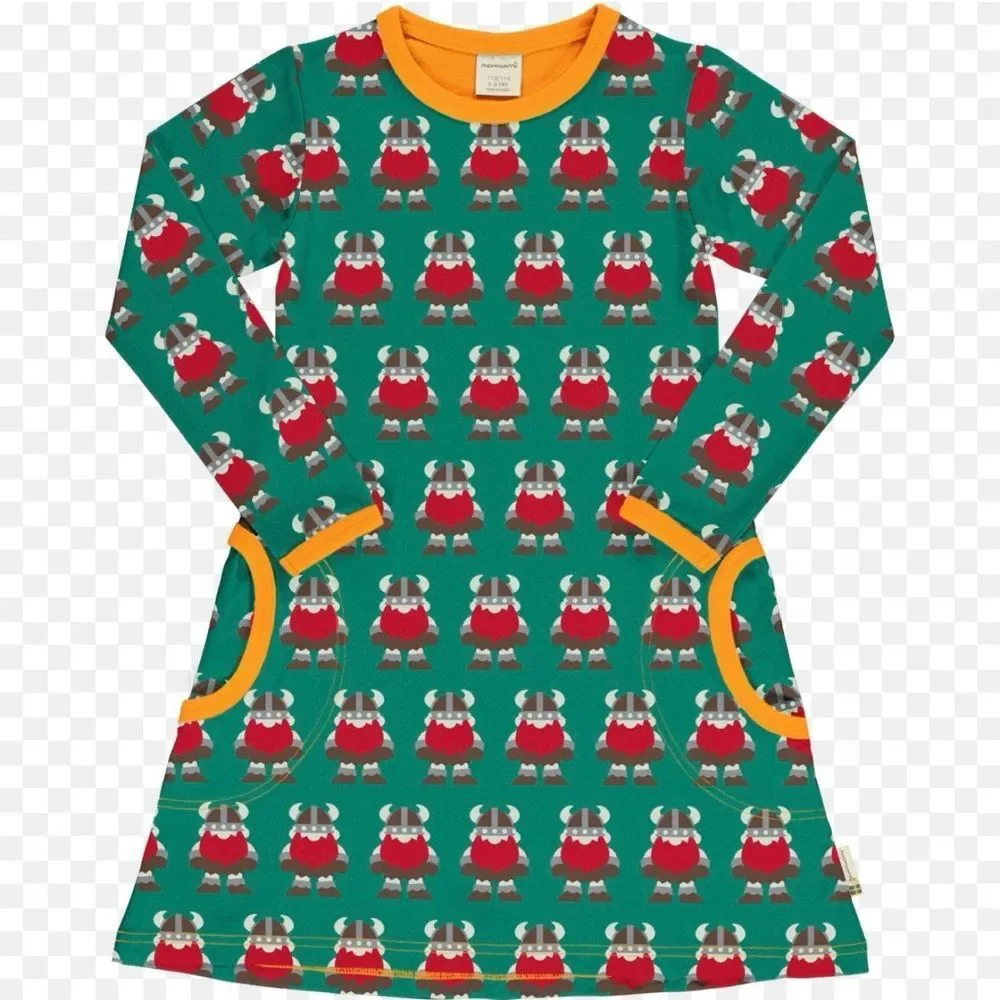 Maxomorra Green and Red Viking Print Dress Sz 110/116cm